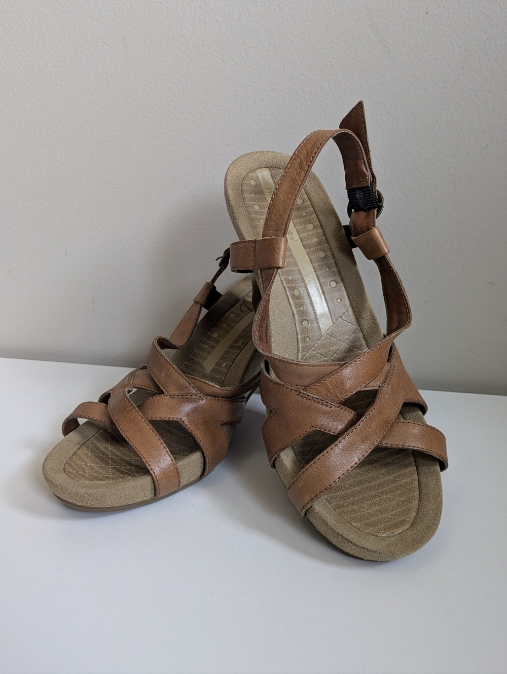 Brown Hush Puppies Leather-Style Women's Slingback Wedge Sandals